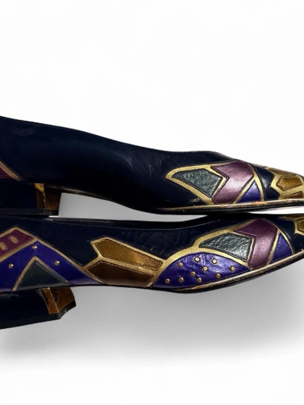 Women's Black Leather Pumps with Purple & Gold Accent Detailing